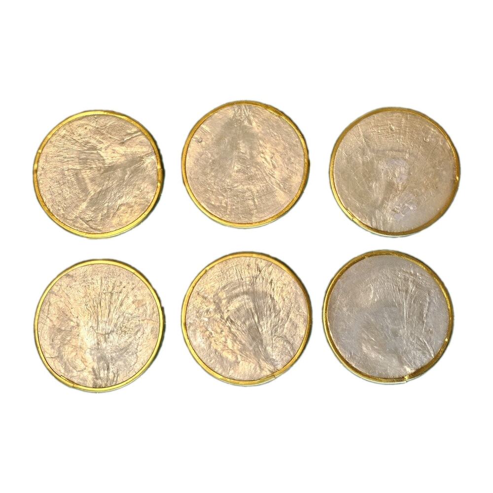 Vintage Capiz Shell Coasters Brass Trim Set of 6 Round Mother of Pearl MCM